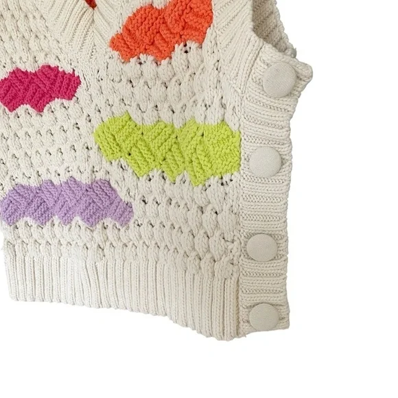 ZARA Oversized Ecru Crochet Sleeveless V-Neck Colour Block Sweater Vest Cream S - Picture 5 of 9